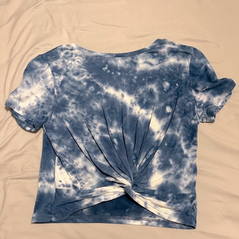 Blue and white tie dye crop top with twisted detailing